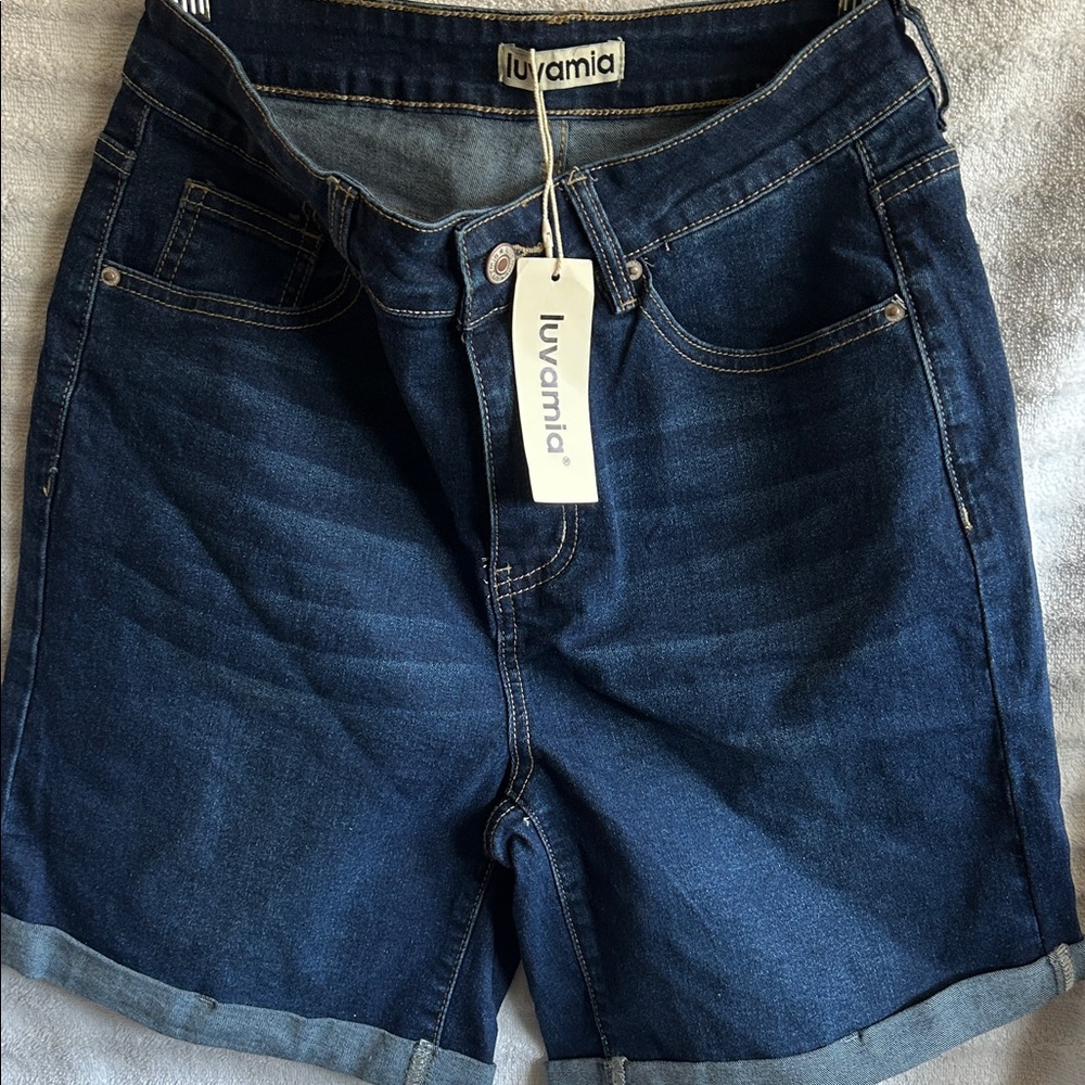 Dark Blue Denim Roll-Hem Jean Shorts
